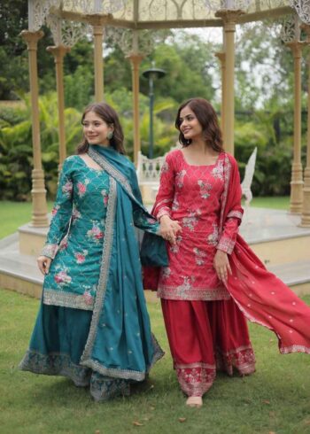 Printed Sequins and Thread Embroidered Kurti Palazzo with Dupatta