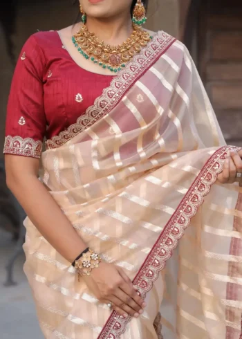 Pure Banarasi Soft Organza Silk Multi-Stitched Border Saree