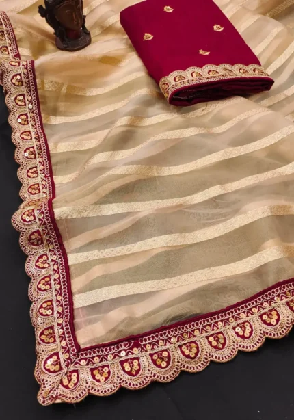 Pure Banarasi Soft Organza Silk Multi-Stitched Border Saree