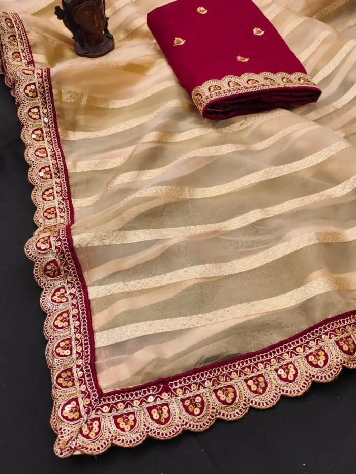 Pure Banarasi Soft Organza Silk Multi-Stitched Border Saree