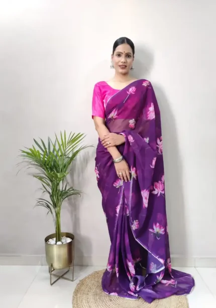 Purple Colour Digital Printed Faux Georgette Stitched Saree