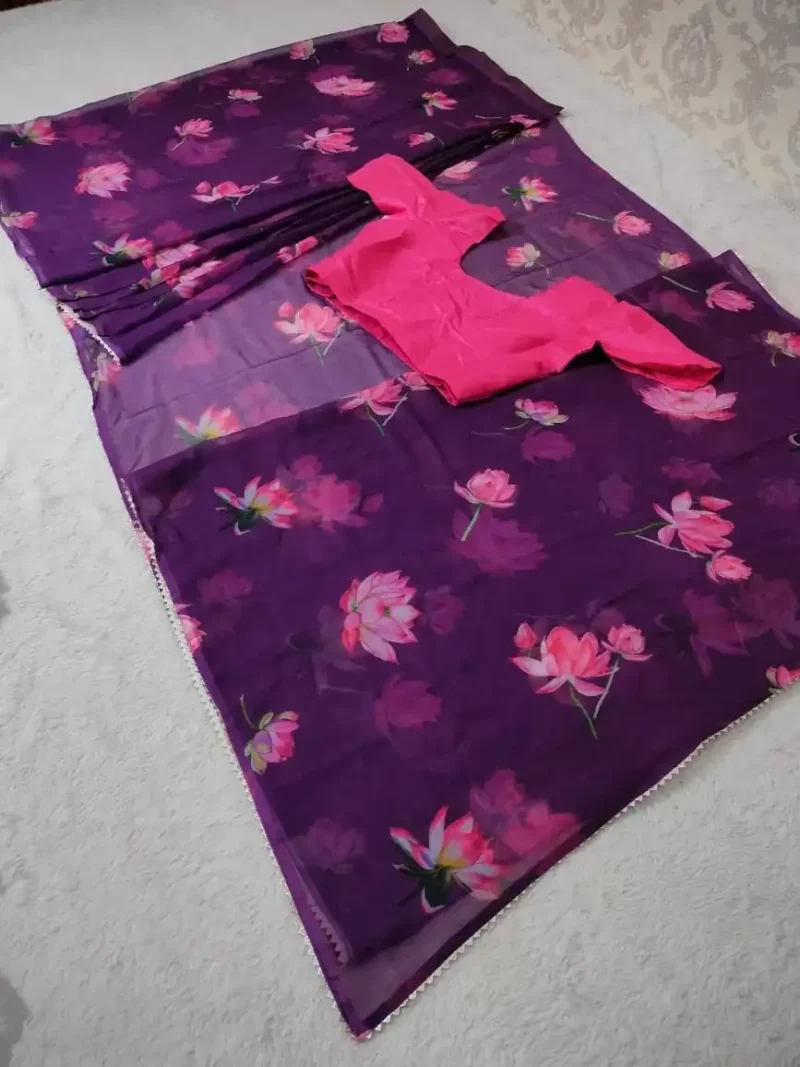 Purple Colour Digital Printed Faux Georgette Stitched Saree