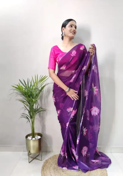 Purple Colour Digital Printed Faux Georgette Stitched Saree