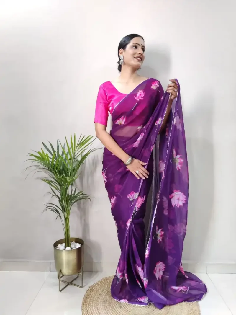 Purple Colour Digital Printed Faux Georgette Stitched Saree