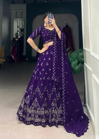 Purple Sequins & Thread Embroidered Georgette Party Lehenga