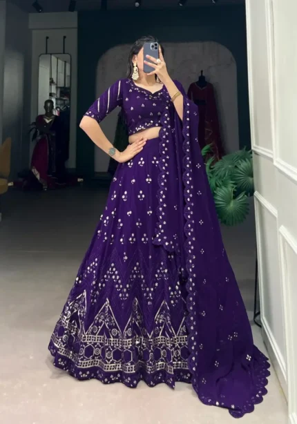 Purple Sequins & Thread Embroidered Georgette Party Lehenga