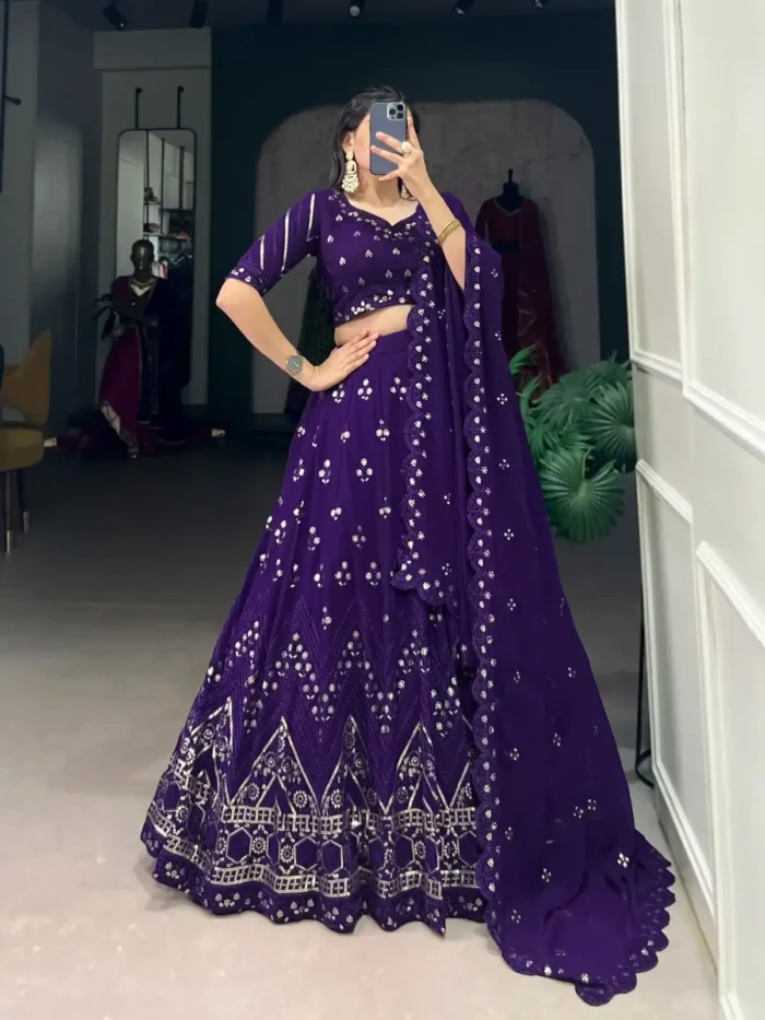 Purple Sequins & Thread Embroidered Georgette Party Lehenga