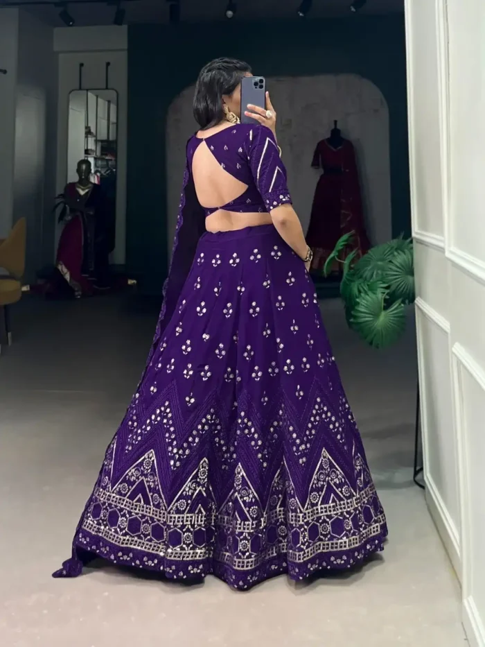 Purple Sequins & Thread Embroidered Georgette Party Lehenga