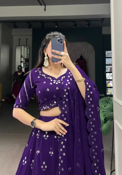 Purple Sequins & Thread Embroidered Georgette Party Lehenga