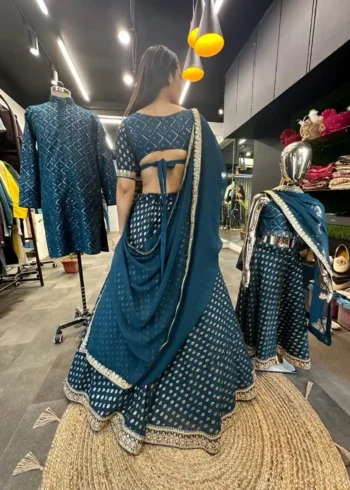Rama Colour Heavy Georgette Mother & Daughter Lehenga Choli with Mens Kurta