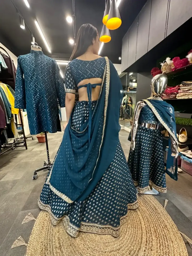 Rama Colour Heavy Georgette Mother & Daughter Lehenga Choli with Mens Kurta