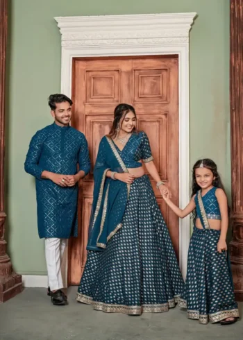 Rama Colour Heavy Georgette Mother & Daughter Lehenga Choli with Mens Kurta