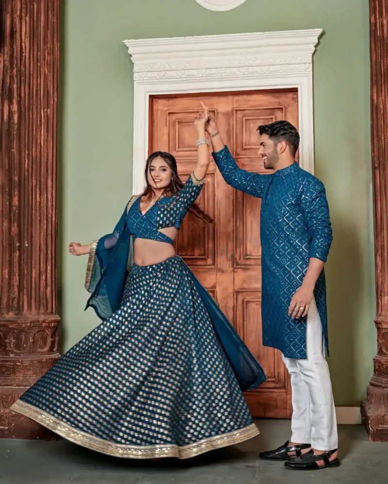 Rama Colour Heavy Georgette Mother & Daughter Lehenga Choli with Mens Kurta