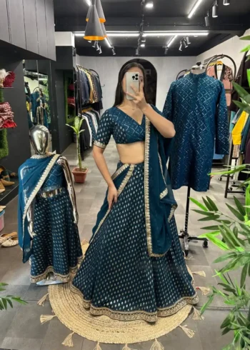 Rama Colour Heavy Georgette Mother & Daughter Lehenga Choli with Mens Kurta