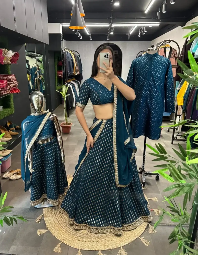 Rama Colour Heavy Georgette Mother & Daughter Lehenga Choli with Mens Kurta