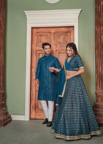 Rama Colour Heavy Georgette Mother & Daughter Lehenga Choli with Mens Kurta