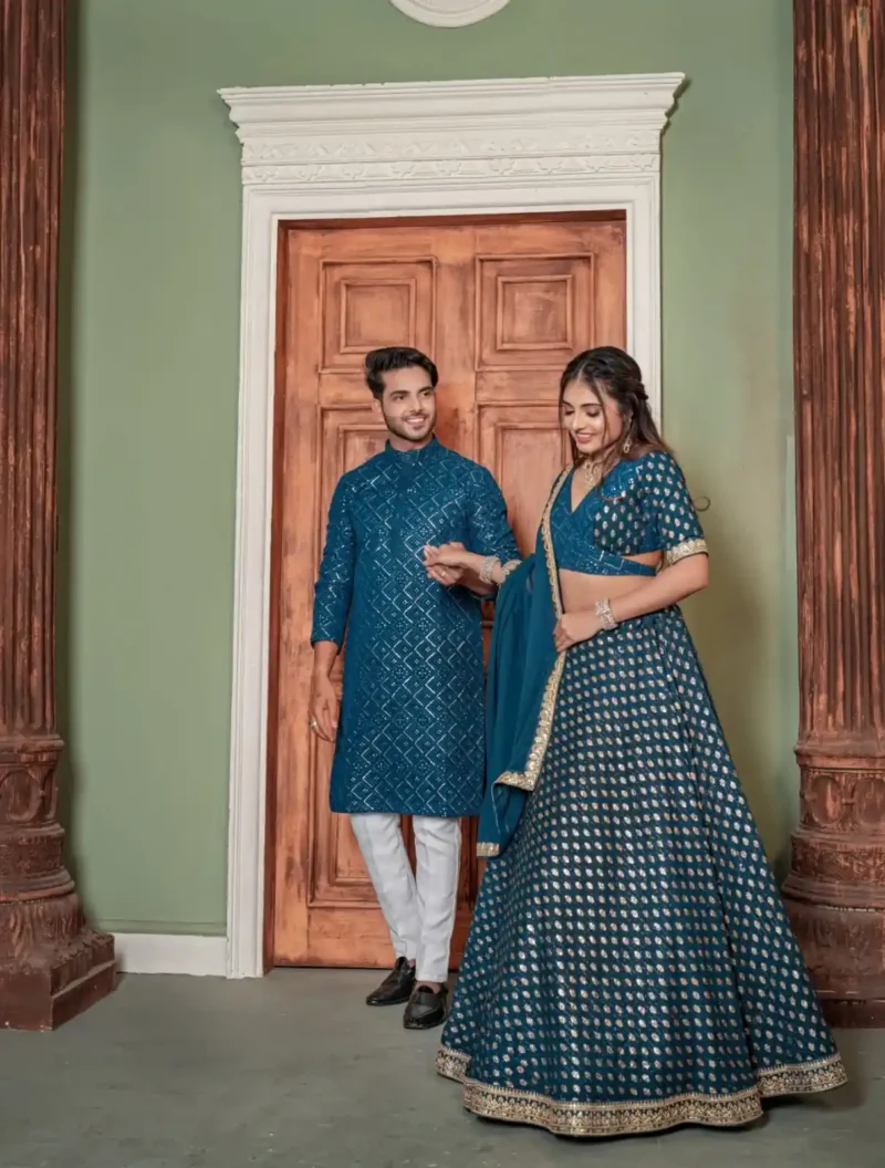 Rama Colour Heavy Georgette Mother & Daughter Lehenga Choli with Mens Kurta
