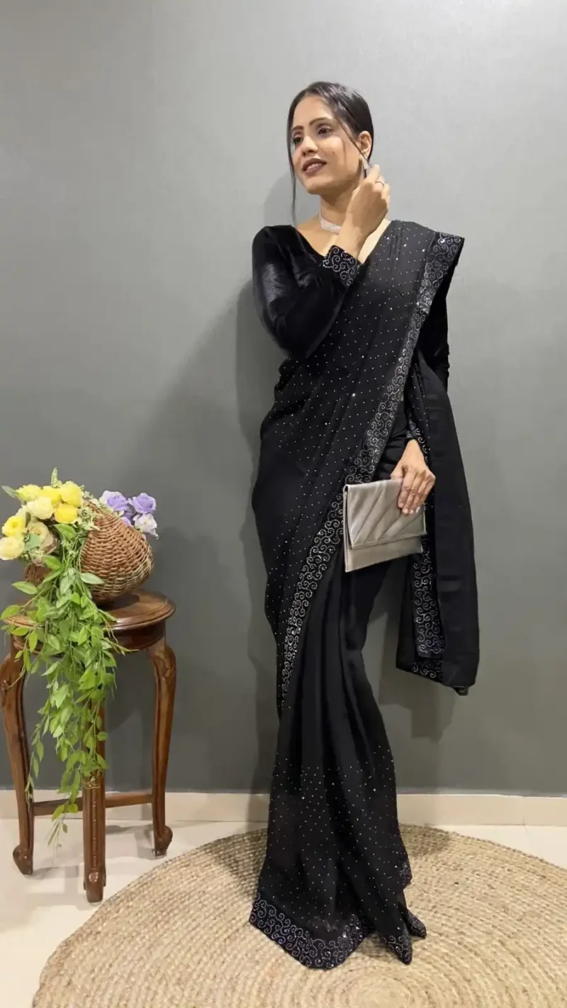 Rangoli Silk Swarovski Work Velvet Lace Work Stitched Saree