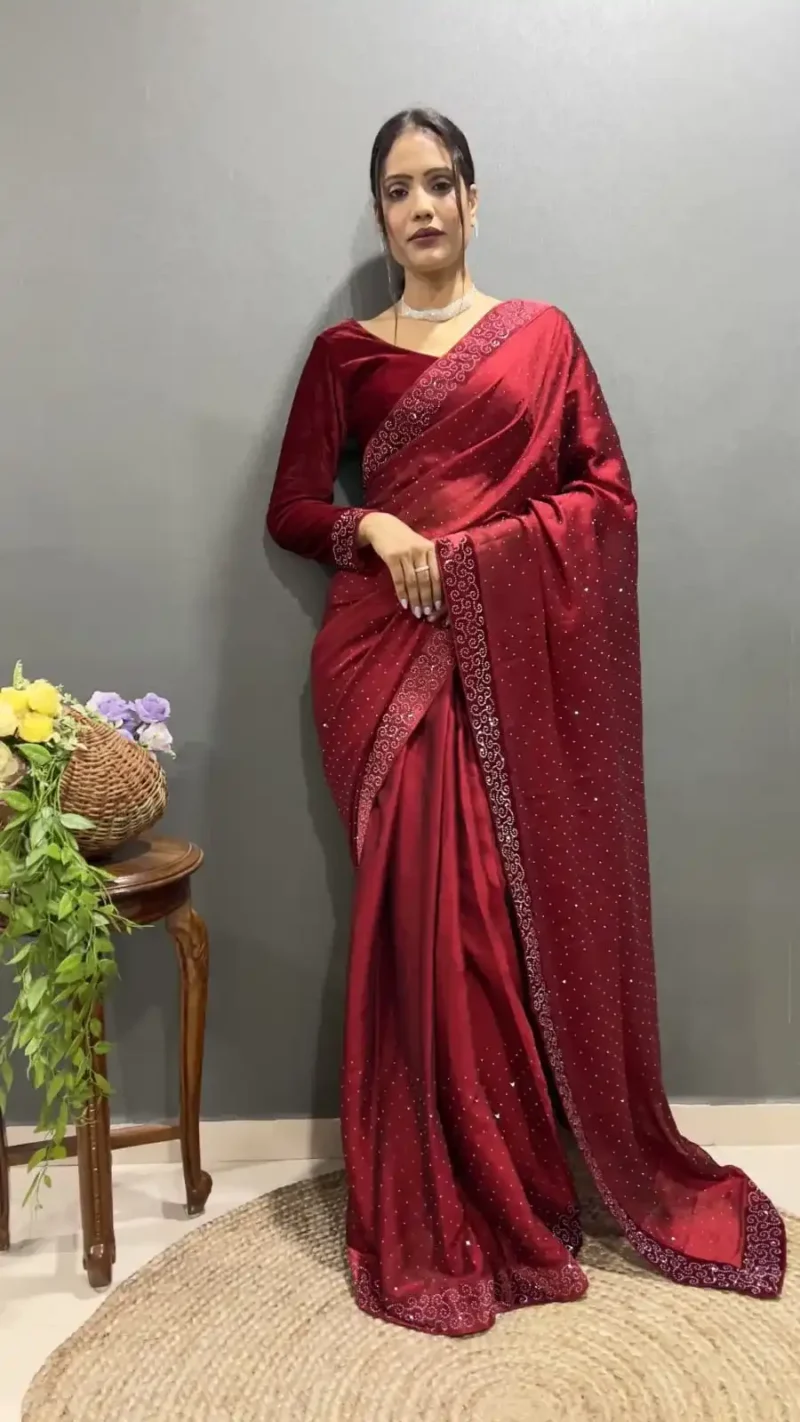 Rangoli Silk Swarovski Work Velvet Lace Work Stitched Saree