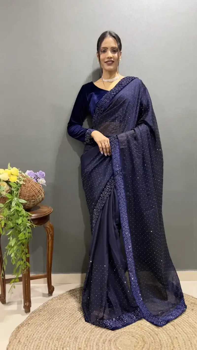 Rangoli Silk Swarovski Work Velvet Lace Work Stitched Saree