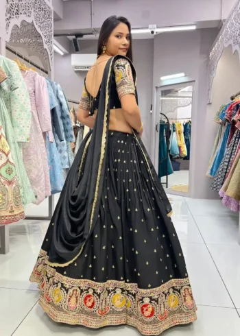 Black Colour Roman Silk Zari & Sequins Embroidered Stitched Lehenga Choli