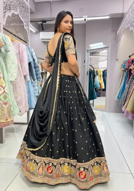 Black Colour Roman Silk Zari & Sequins Embroidered Stitched Lehenga Choli