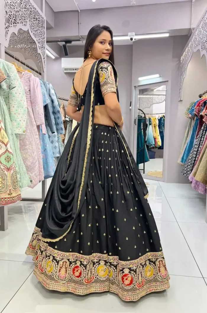 Black Colour Roman Silk Zari & Sequins Embroidered Stitched Lehenga Choli