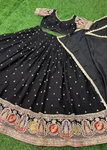 Black Colour Roman Silk Zari & Sequins Embroidered Stitched Lehenga Choli