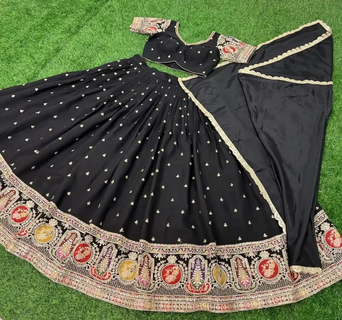 Black Colour Roman Silk Zari & Sequins Embroidered Stitched Lehenga Choli