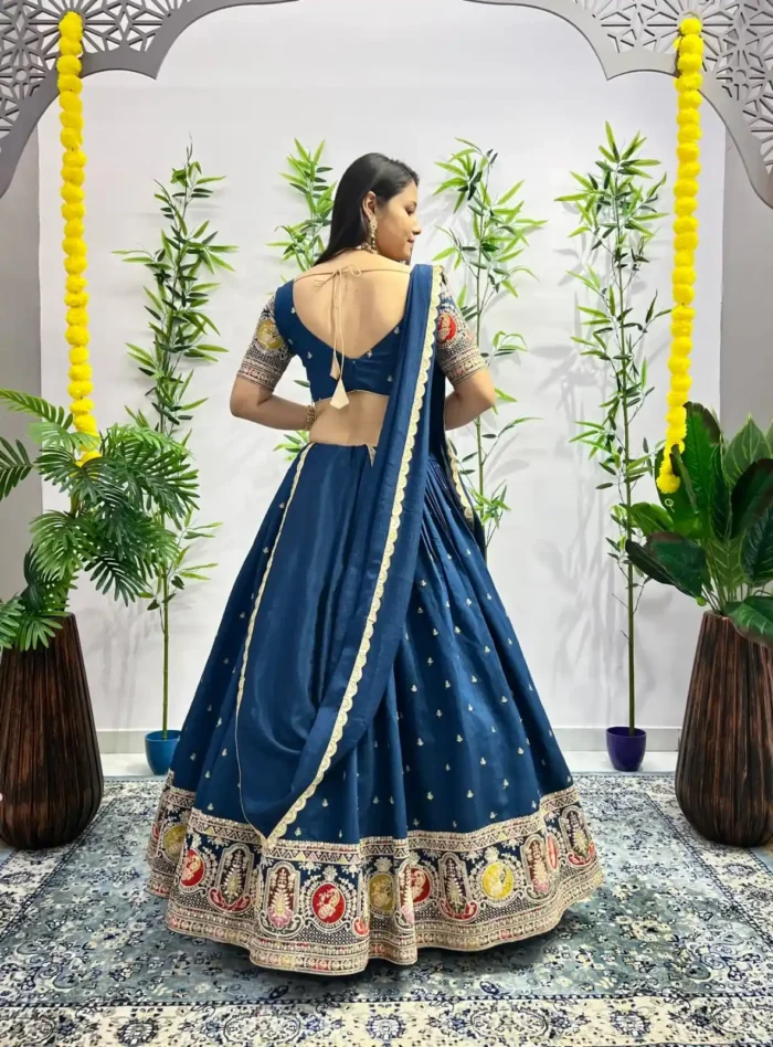 Blue Colour Roman Silk Zari & Sequins Embroidered Stitched Lehenga Choli