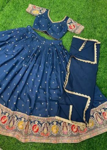 Blue Colour Roman Silk Zari & Sequins Embroidered Stitched Lehenga Choli