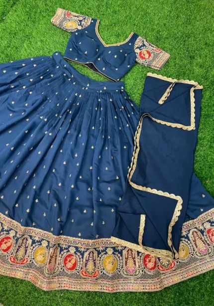 Blue Colour Roman Silk Zari & Sequins Embroidered Stitched Lehenga Choli