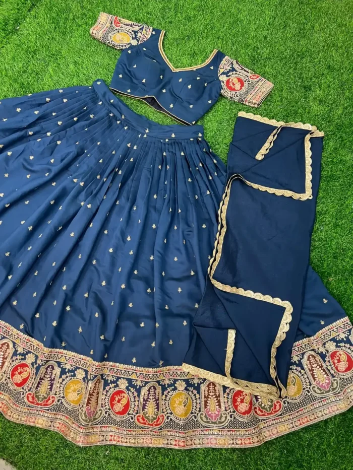 Blue Colour Roman Silk Zari & Sequins Embroidered Stitched Lehenga Choli