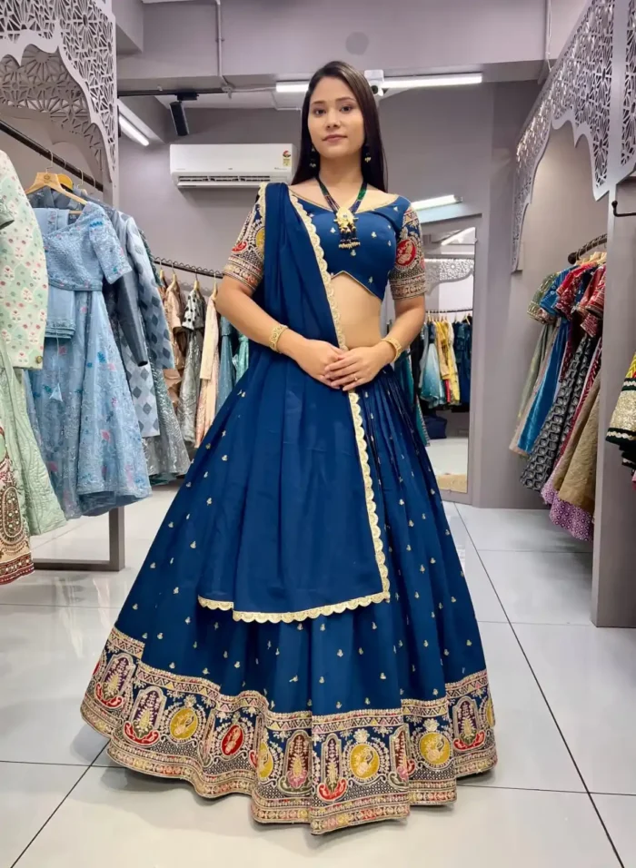 Blue Colour Roman Silk Zari & Sequins Embroidered Stitched Lehenga Choli