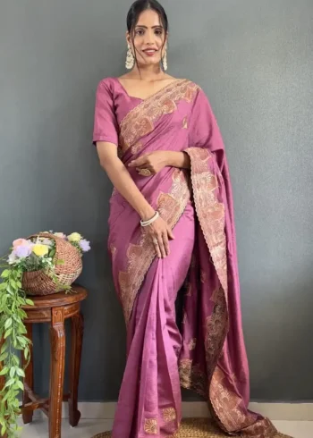 Vichitra Silk Swarovski Cut Border Work Pre-stitched Saree