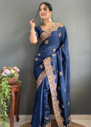 Vichitra Silk Swarovski Cut Border Work Pre-stitched Saree
