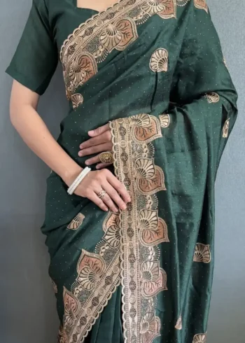 Vichitra Silk Swarovski Cut Border Work Pre-stitched Saree