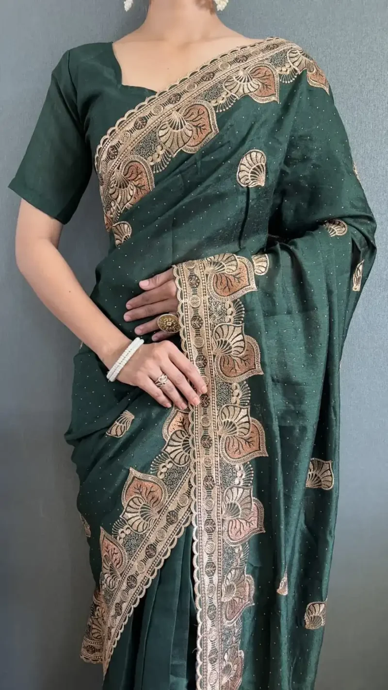 Vichitra Silk Swarovski Cut Border Work Pre-stitched Saree