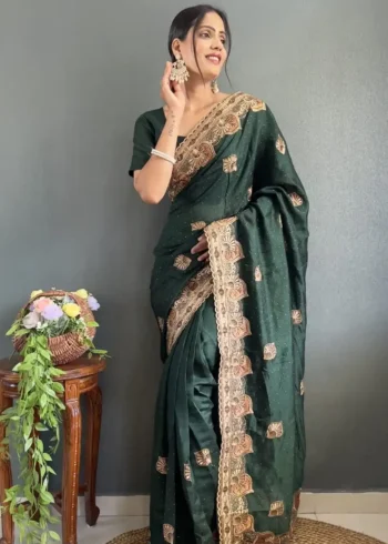 Vichitra Silk Swarovski Cut Border Work Pre-stitched Saree