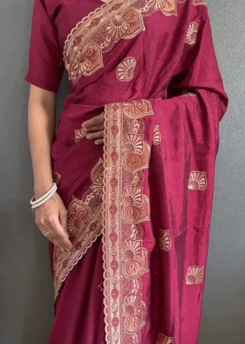 Vichitra Silk Swarovski Cut Border Work Pre-stitched Saree