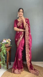 Vichitra Silk Swarovski Cut Border Work Pre-stitched Saree