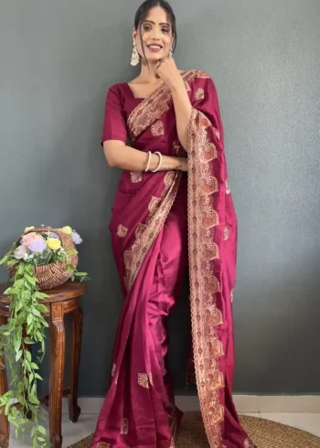 Vichitra Silk Swarovski Cut Border Work Pre-stitched Saree