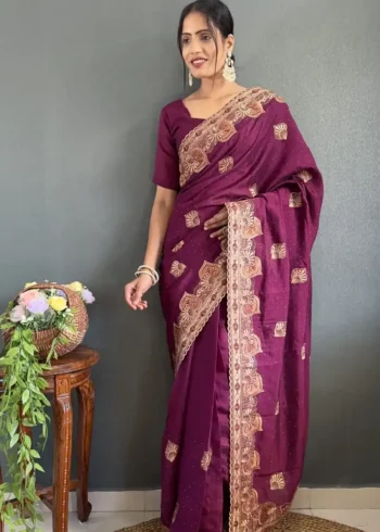 Vichitra Silk Swarovski Cut Border Work Pre-stitched Saree