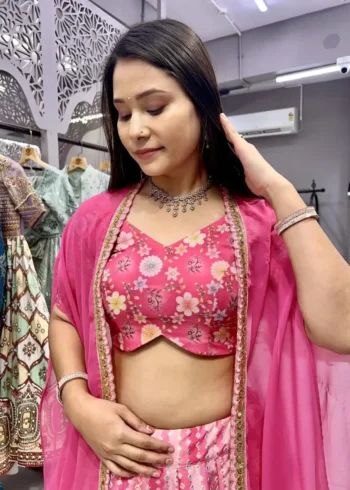 Pink colour Slub Silk Embroidered & Printed Lehenga with Shrug