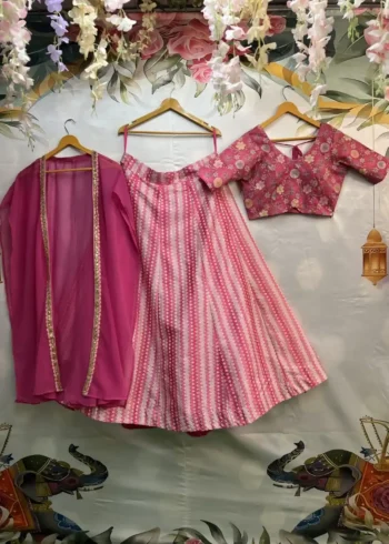 Pink colour Slub Silk Embroidered & Printed Lehenga with Shrug