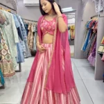 Pink colour Slub Silk Embroidered & Printed Lehenga with Shrug