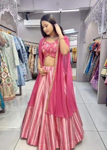 Pink colour Slub Silk Embroidered & Printed Lehenga with Shrug