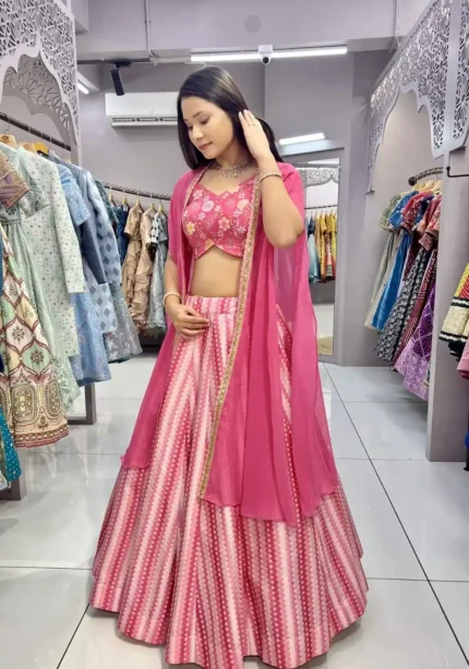 Pink colour Slub Silk Embroidered & Printed Lehenga with Shrug