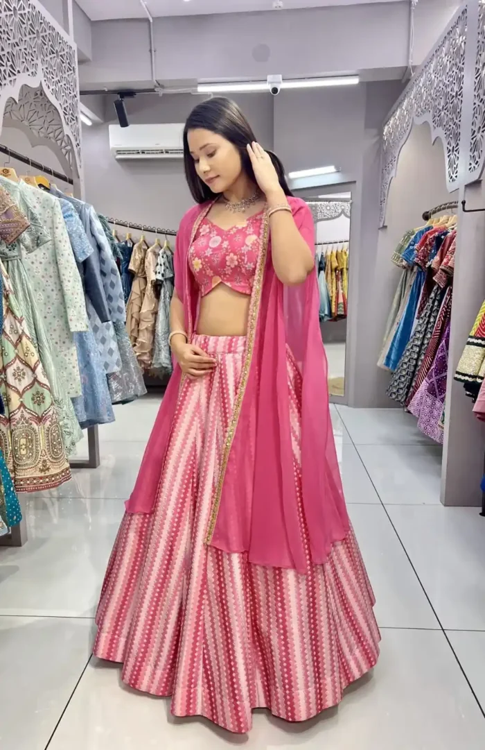 Pink colour Slub Silk Embroidered & Printed Lehenga with Shrug