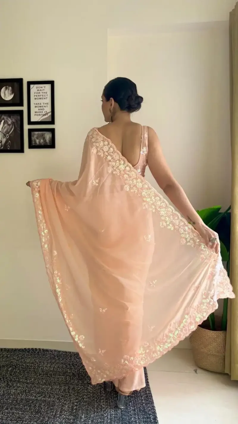 Soft Georgette C pallu Sequins Embroidered Party Wear Saree